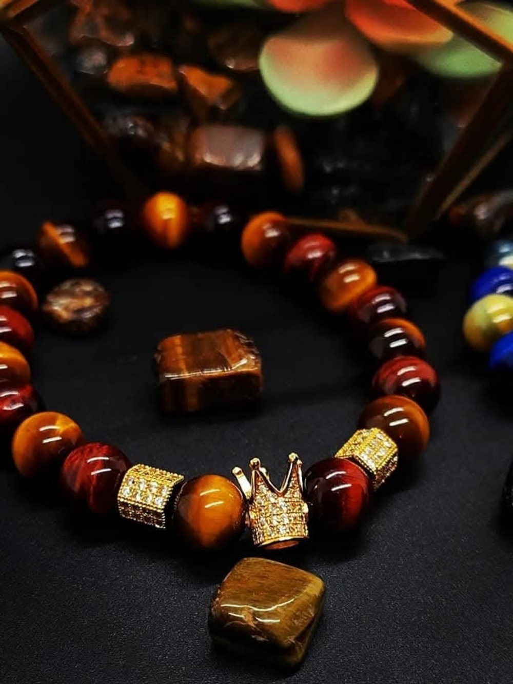 Tiger Eye Bead Bracelet with Gold Crown Accent - Brown